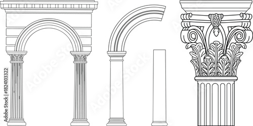 PrintArchitectural sketch, classical column, Corinthian capital, arch design, line drawing, historical structure, antique detail, vector illustration, ancient architecture, ornamental element