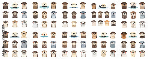 A large collection of cute cartoon otter heads and faces, showcasing diverse fur patterns and colors, including sea otters, on a white background.