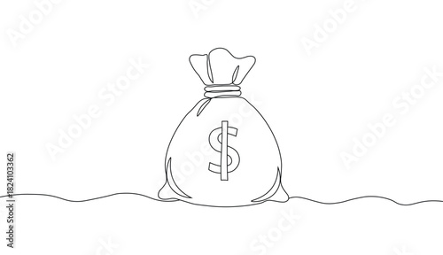Minimalist continuous line drawing of a money bag with a dollar sign symbol, for finance concept