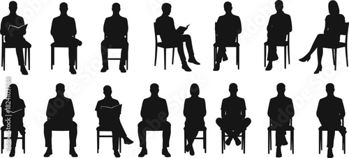 PrintSeated people, silhouette pose, reading gesture, black and white, vector illustration, chair posture, casual sitting, body language, design element