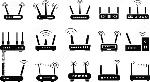 Router icon, wireless device, black vector, antenna design, signal indicator, network symbol, white background, tech graphic, internet equipment