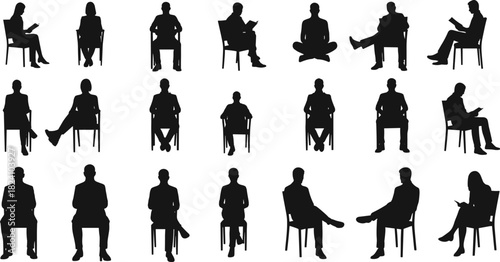 PrintSeated people, silhouette posture, reading gesture, black and white, vector illustration, chair pose, casual sitting, body language, ergonomic design
