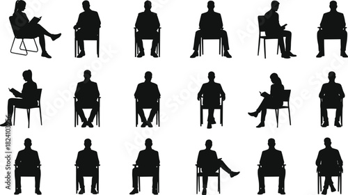 PrintSeated people, silhouette pose, reading gesture, black and white, vector illustration, chair posture, casual sitting, body language, design element
