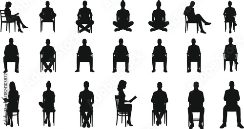 PrintSeated people, silhouette posture, reading gesture, black and white, vector illustration, chair variety, casual sitting, body language, ergonomic design