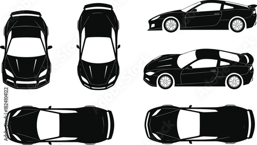 PrintSports car, top view, side view, rear view, vector sketch, black and white, automotive design, illustration, modern vehicle, silhouette