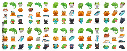 Cute cartoon faces and full bodies of various lizards and reptiles: iguana, chameleon, gecko, and bearded dragon vector set.