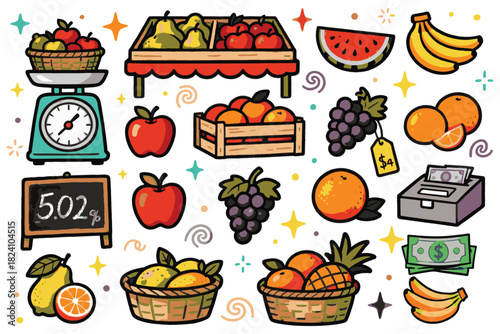 Fruits and vegetables doodle set in a simple vector illustration flat color