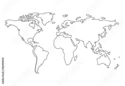Outline world map showing continents and country borders as a simple black and line drawing
