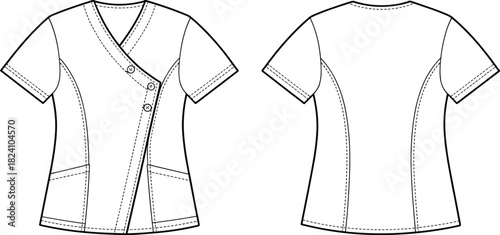 PrintProfessional medical scrub top fashion flat sketch with front and back views, detailed stitching lines, pockets, seams, and garment design elements.