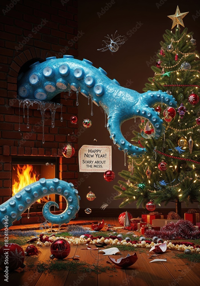 Obraz premium Humorous Octopus Tentacle Emerging from Fireplace During Holiday Aftermath