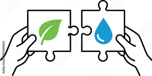 Vector puzzle hands illustration with nature vector leaf and water symbol