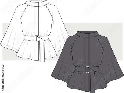 Women's belted poncho jacket, coat fashion technical draw illustration, vector. Front view. Cad, mock-up.