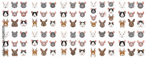 A large collection of cartoon rodent faces, including rats, mice, and fantasy versions, showcasing diversity in color and breed for avatars or mascots.