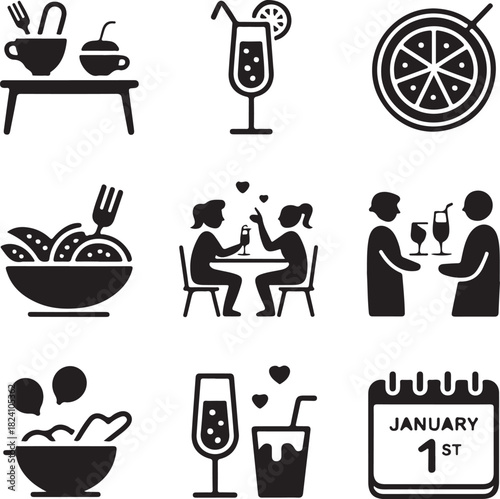 New year, dinner party, romantic date, food drink, calendar date, restaurant meal, celebration icons