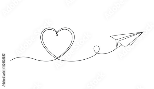 Continuous line drawing of a paper airplane flying and leaving a heart shape trail