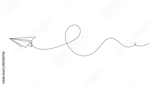 Minimalist continuous line drawing of a paper airplane flying with a dotted flight path creating abstract loops and curves