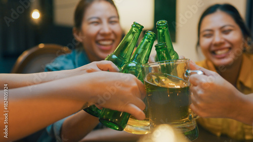 Photography Closeup of Group of multiethnic adult Asia friend drinking alcohol beer bottle glass and having fun laugh enjoy hangout party in night life indoor home