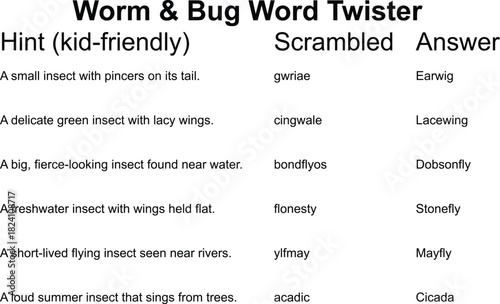 A printable word game featuring scrambled words related to worms and bugs with kid-friendly hints.