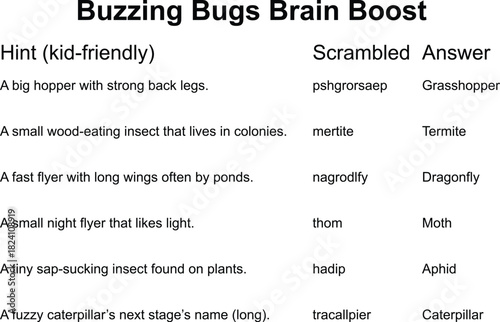 A kid-friendly puzzle with scrambled answers related to buzzing bugs and insects.