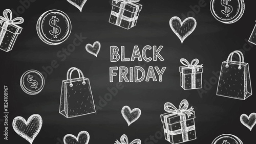 Celebrate Black Friday with heartwarming gifts and savings deals, sketched on a vintage chalkboard background for a charming, promotional feel