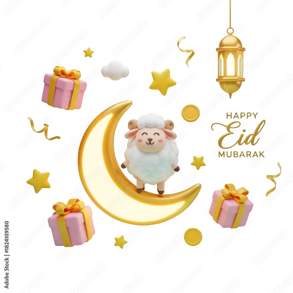 Naklejka premium Cute 3d sheep on golden moon with gifts, lantern for eid mubarak, isolated on transparent background