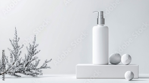White cosmetic bottle with a pump dispenser on a white pedestal. the bottle is cylindrical in shape and has a silver pump on top.