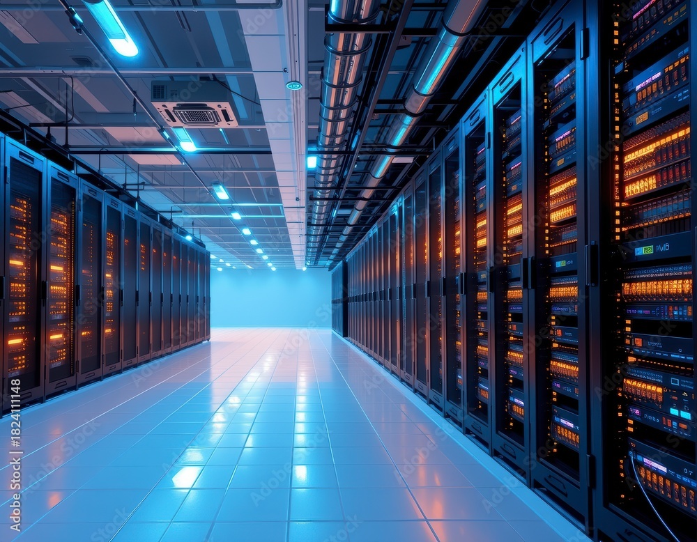 Fototapeta premium Vibrant Data Center Corridor with Reflective Floors