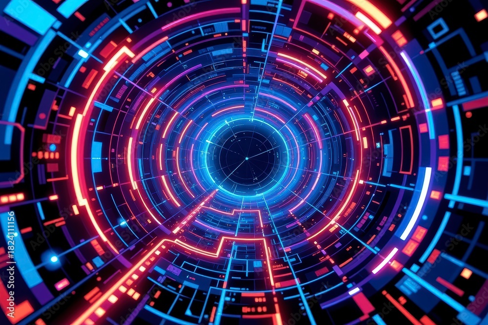 Obraz premium Futuristic Digital Tunnel with Neon Lights and Geometric Patterns