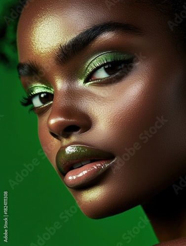 Close-up portrait of a young african-american woman's face. she has a serious expression with her eyes looking directly at the camera.
