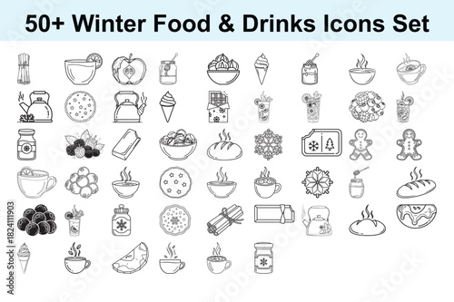 Collection of 50 Plus Winter Food and Drinks Icons Set Featuring Holiday Season Treats and Beverages for Cold Weather Celebrations and Cozy Gatherings
