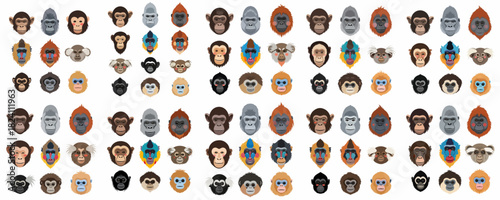 Extensive flat design vector pattern of diverse primate faces, including great apes and monkeys like mandrills, chimpanzees, and gorillas.