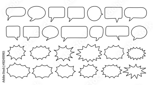 Comic speech bubble set, essential for pop art, retro comics, and cartoon design. Talk balloon templates, and dialogue boxes for creative projects, stickers, and comics. Vector illustration
