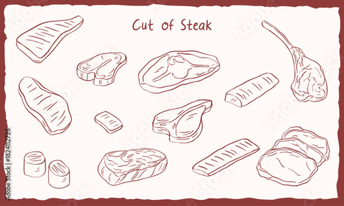 cut of steak doodle hand drawn sketch illustration collection set