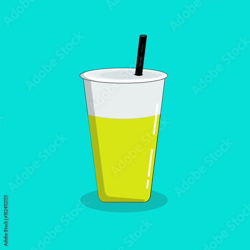 Cup of milk tea lemon with a straw, with green background