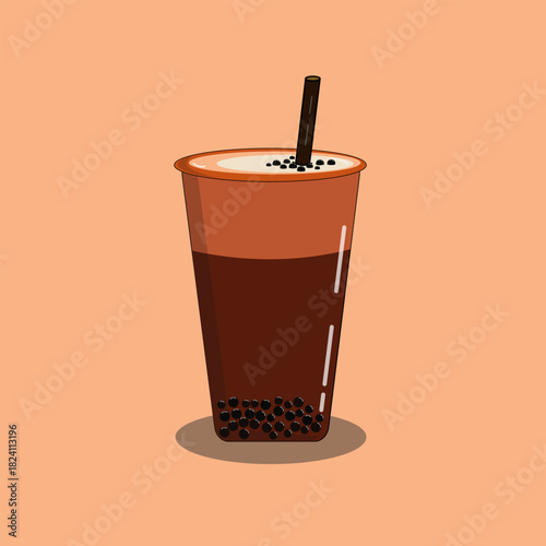 Cup of milk cocolate and buble with a straw, with brown background