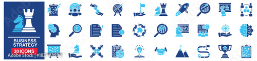 Business strategy set of web icons in Blue style Flat. strategy, set, line, team, target, plan, outline, goal, puzzle, thin, people, solution