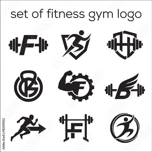 Modern fitness and gym logo set featuring dynamic sports icons for workout, health, and athletic strength branding, presented as bold vector graphics collection.
