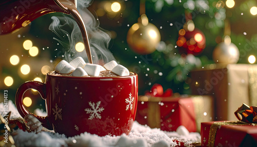 Pouring steaming hot chocolate into a festive mug topped with marshmallows, holiday gifts and ornaments create a cozy Christmas scene