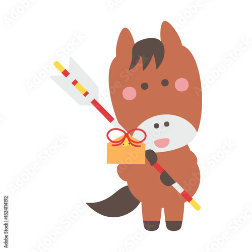 破魔矢と絵馬を持っているかわいい馬のキャラクターイラスト素材