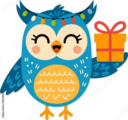 Adorable blue owl brings holiday cheer with lights and a cute gift box for everyone