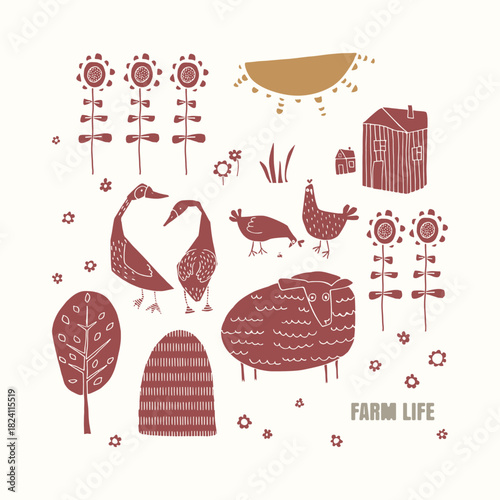 Silhouette print: farm life. Cartoon animals.