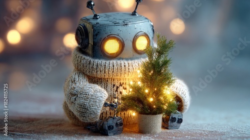 Cute little robot with a Christmas tree