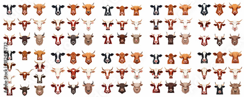 Large Collection of Diverse Cattle Head Vectors: Icons Representing Various Breeds Including Dairy, Beef, Longhorn, and Highland Cows on White.