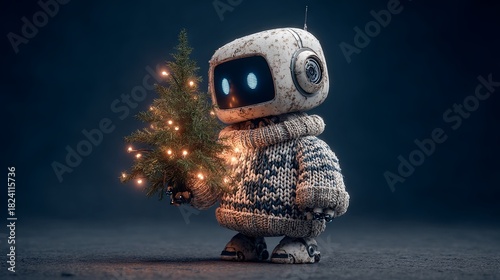 Cute little robot with a Christmas tree