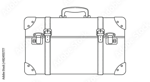 Classic vintage travel suitcase line art illustration with straps and buckles, perfect for retro travel or journey concepts.