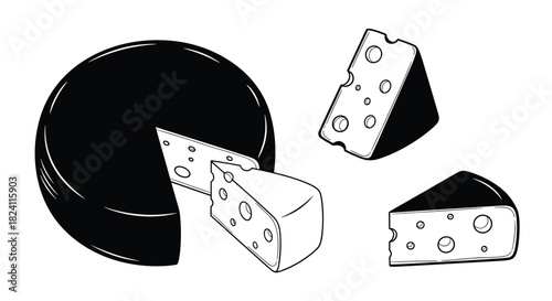 Illustration of a cheese wheel with a cut-out wedge and two additional slices, featuring characteristic holes.