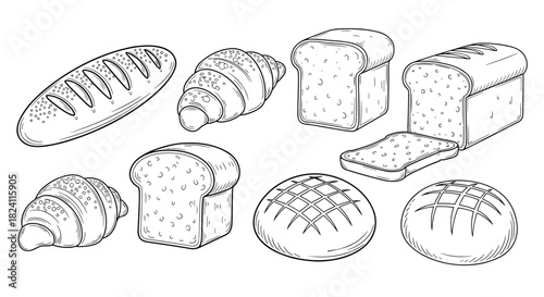 An assortment of hand-drawn illustrations featuring various types of bread, including baguettes, croissants, sandwich loaves, and round artisan breads.
