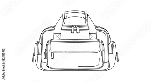 A technical drawing of a modern duffel bag, featuring multiple zippered pockets and sturdy top handles, presented in a clean line art style.