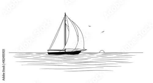 Minimalist black and white line art illustration of a sailboat gracefully cruising on the tranquil ocean at sunset.