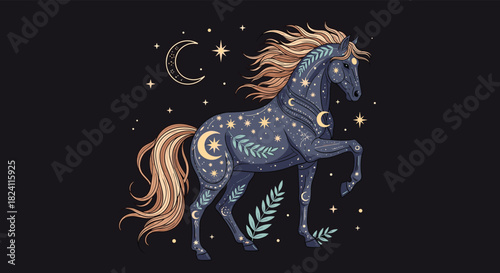 An enchanting cosmic horse, adorned with golden crescent moons, twinkling stars, and intricate botanical patterns, prancing against a dark, mystical backdrop.